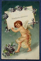 Antik dombornyomott  üdvözlő litho képeslap angyalka virág kártyás üzenettel