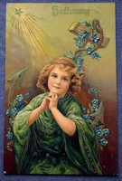 Antik  dombornyomott üdvözlő litho képeslap REMÉNY imádkozó kisleány vagy tündér horgony