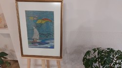 (K) small ship really cozy painting with 49x66 cm frame