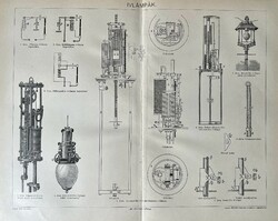 Antik 19.sz Ivlámpák műszaki nyomat- papír- ábra, gépészet, mechanizmu, lámpa, villamosság