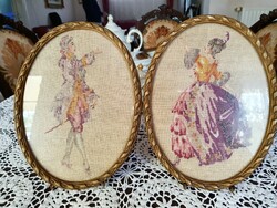 Old needle tapestry rococo pair in a frame