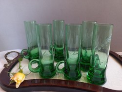 Zöld csiszolt üveg pálinkás, likőrös pohár 6 db