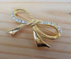 Gold-plated stone bow brooch