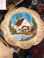 Majolika disztányér, 36 cm-es átmérőjű vizimalom ábrázolás.1194
