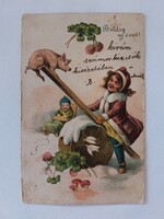 Old New Year's card photo postcard kids pig clover mushroom snow flower