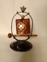 Retro lunch signal column, tinned iron bell on a forged iron stand, with rubber head gong