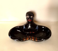 Hungarian art deco Endrő Margit glazed ceramic ashtray, negro black man head statue, special!