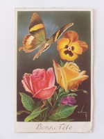 Régi képeslap 1978 levelezőlap rózsa lepke árvácska