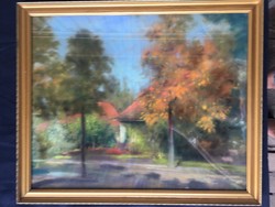 Houses among the trees, signed pastel picture.