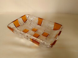 Cast glass crystal bowl with checkered pattern, amber coloring