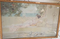 Illegible sign: reclining woman with doves, frame