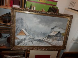Winter village, painting, oil, canvas, 50x81 cm+ beautiful, flawless frame