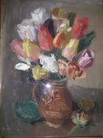 Imreh Zsigmond: Tulipáncsokor, eredeti jelzett pasztell, 1960