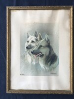 Dogs, with Komárom sign, framed, glazed painting.