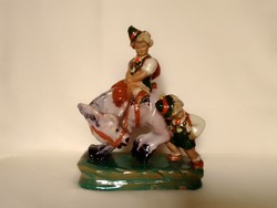 Hungarian art deco Szécs jolán glazed ceramic statue, girl and boy with donkey on pedestal, flawless