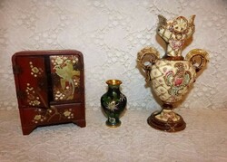 Jewelry holder, cloisonne vase, majolica vase.