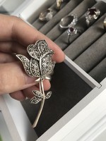 Beautiful, spectacular marcasite stone silver rose brooch