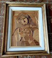 Bér rudolf (1924 - 2004) madonna wood inlay 42x32cm + frame