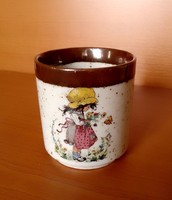 Brown polka dot, marked Bavarian porcelain bowl, cup, with a cute little girl and little boy motif.