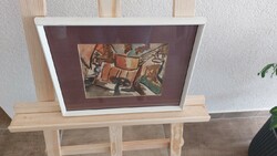 (K) Kis akvarell festmény 32x25 cm kerettel, ember a háztetőn? :)