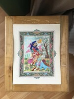 Old Indian hand-painted picture, marquetry frame damaged
