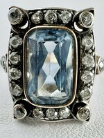 534T. Antique art deco Hungarian aguamarine (2 ct) brilliant (0.6 ct, 22 pieces) 14k gold (3.4 g) ring!