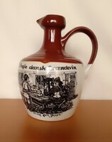 Danish rarity! Glazed ceramic earthenware liquor pitcher, pourer, bottle, pub scene, marked