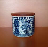 Kék fehér jelzett holland mázas porcelán tartó edényke (dzsem, lekvár, cukor, méz, mustár) fa tető