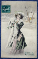 Antik VV Vienne Újévi  üdvözlő grafikus képeslap  hölgy bundában téli táj