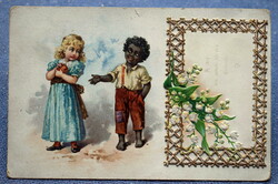 Antik üdvözlő litho kártya nem képeslap néger kisfiú szőke kislány dombornyomott gyöngyvirág