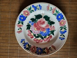 Antik kispesti kézzel festett fali tányér, néprajzi, keménycserép