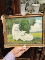 két fehér cica, olaj, kartonon, festmény, 23 x 31 cm-es.