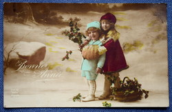 Antik Újévi üdvözlő fotó képeslap kisgyerekek