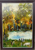 Rác András hidegzománc festmény -  Erdei tó -