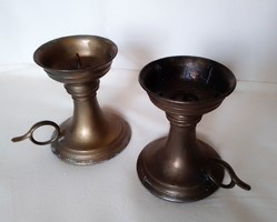 Old, beautifully shaped cast copper v. A pair of tinned metal table-top walking candle holders with lug handles