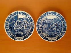 Blue and white old Dutch glazed ceramic decorative plate pair of grapes vintage life portrait winery press marked