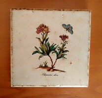 Botanikai mintás német mázas kőagyag kerámia díszcsempe, lepke, virágok, sárgaviola, hibátlan