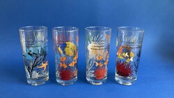 Retro 4 glass glasses with marine life pattern French mustard