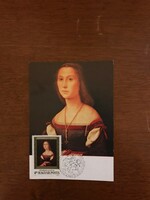 Postcard with first day stamp. 500th anniversary of Raffaello's birth.