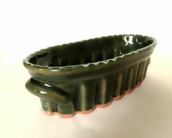 Oval, green-glazed ceramic baking dish, pate dish, folk craftsman pottery dish