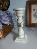 Worn, yellowish-white wooden candle holder 24 cm high with a top diameter of 8.5 cm