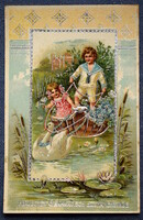 Régi ezüsttel préselt Névnapi üdvözlő  képeslap kisleány kisfiú csónakban hattyú tó