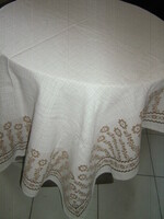 Beautiful vintage floral broken white light brown woven tablecloth
