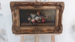 (K) Gyönyörű virágcsendélet festmény (Holland) 55x34 cm kerettel