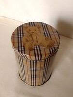 Old checkered teddy bear metal storage box, 13.5 cm high