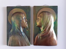 Zsolnay Jézus és Szűz Mária eozin plakett pár. 1930-as évek, Nagyváradi forgalmazási címkékkel