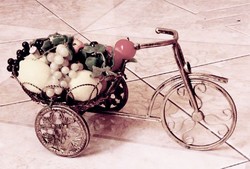Fonott kosaras gyümölcstartó tricikli, kerti, vagy rusztikus stílusú berendezéshez.
