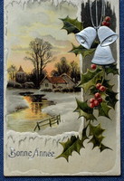 Antique embossed New Year greeting litho postcard holly winter landscape icicle frame silver bell