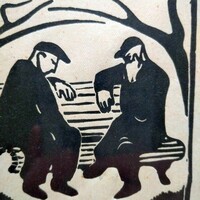 Saddle board: chess players - original linocut from the forties