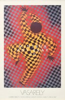 Poster reprint of Sweden's Vasarely exhibition, op-art, harlequin, clown, 'chessboard man'